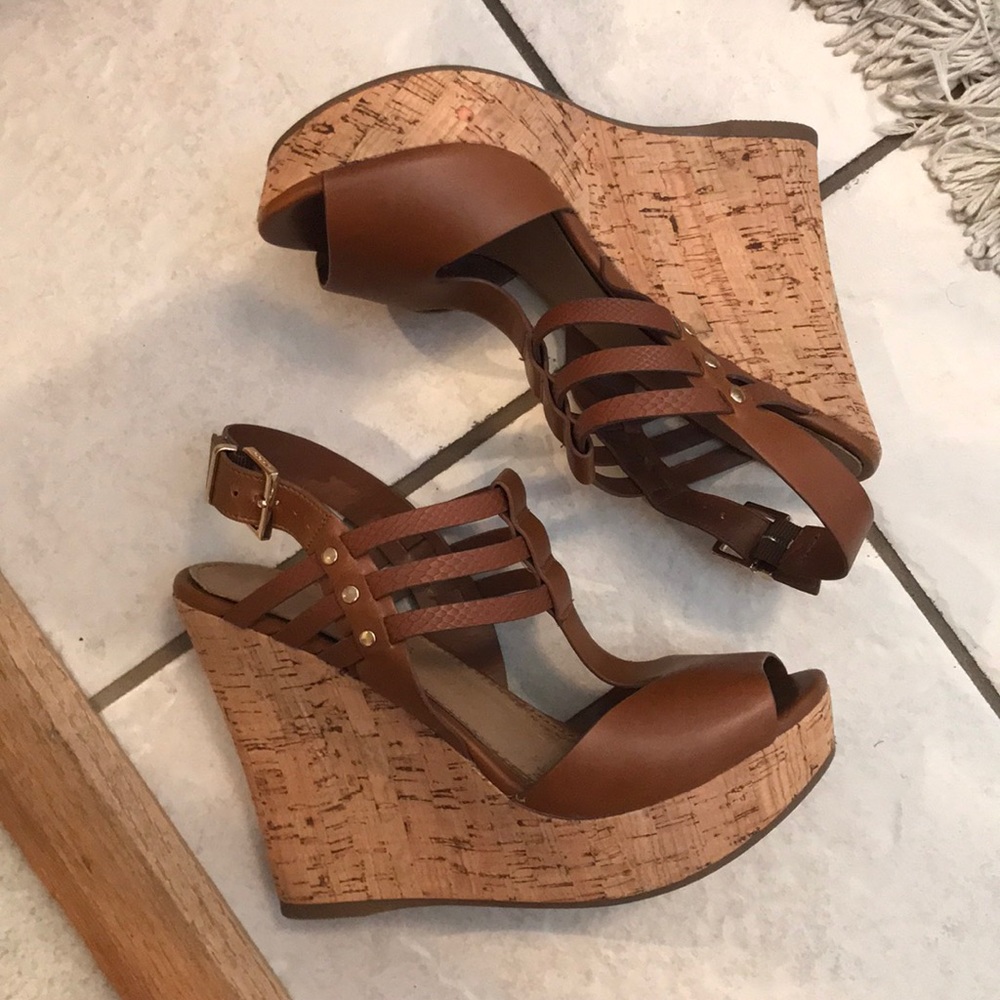Aldo Cognac Leather & Cork Wedges